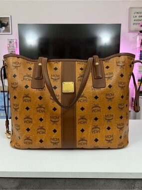 MCM Cognac Visetos Medium Liz Tote with Brown Trim